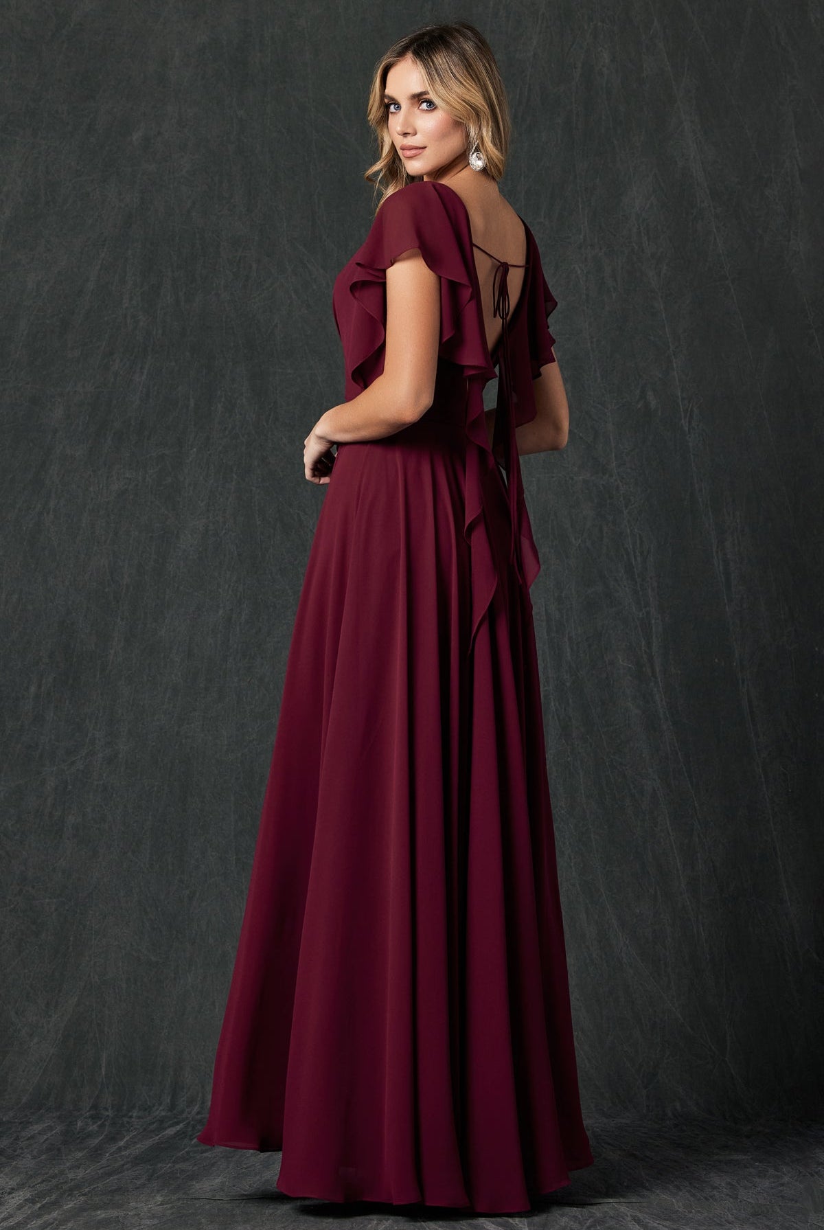 Flutter Sleeve Cascade Back Chiffon Long Bridesmaid Dress JT261-Bridesmaid Dress-smcfashion.com