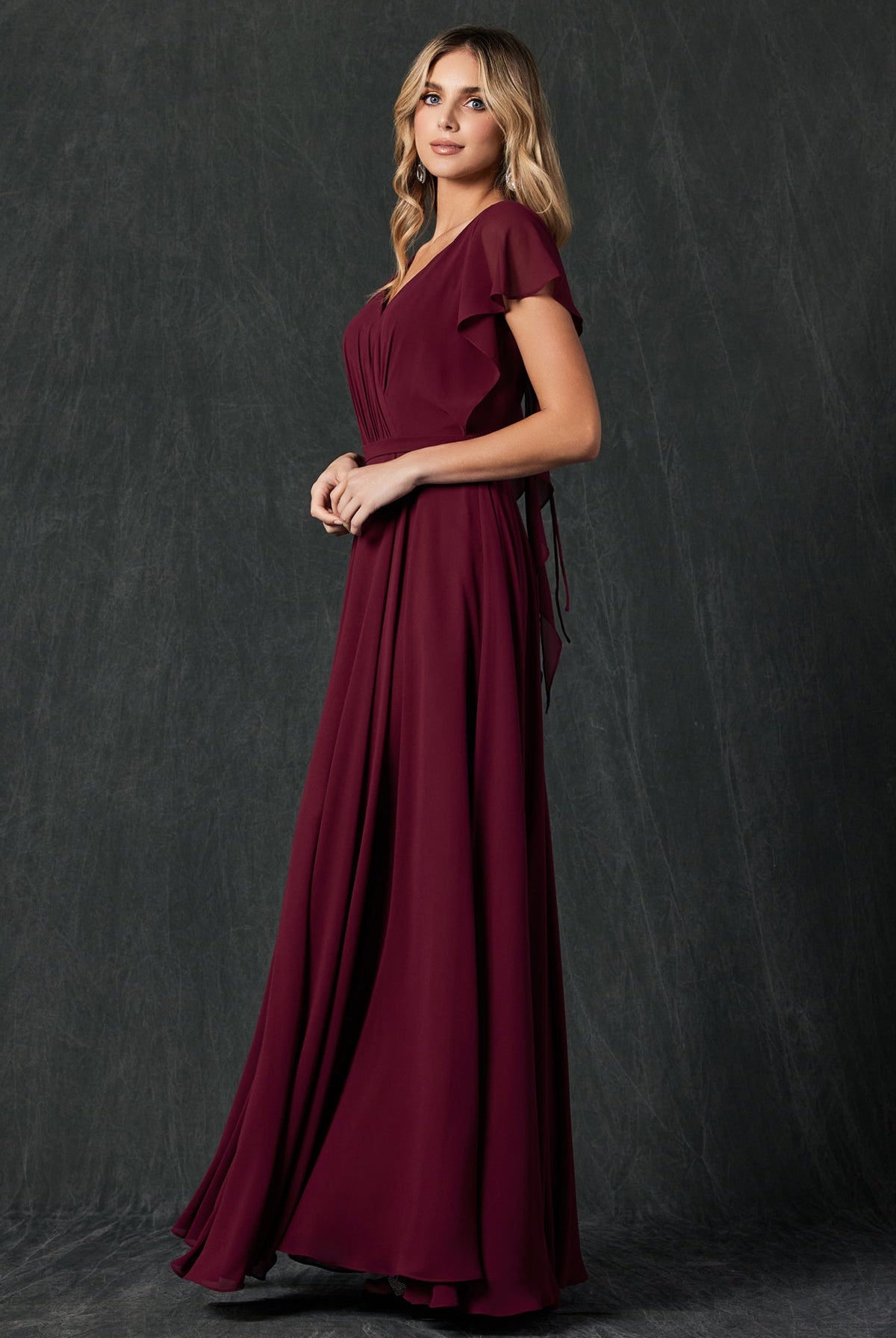 Flutter Sleeve Cascade Back Chiffon Long Bridesmaid Dress JT261-Bridesmaid Dress-smcfashion.com