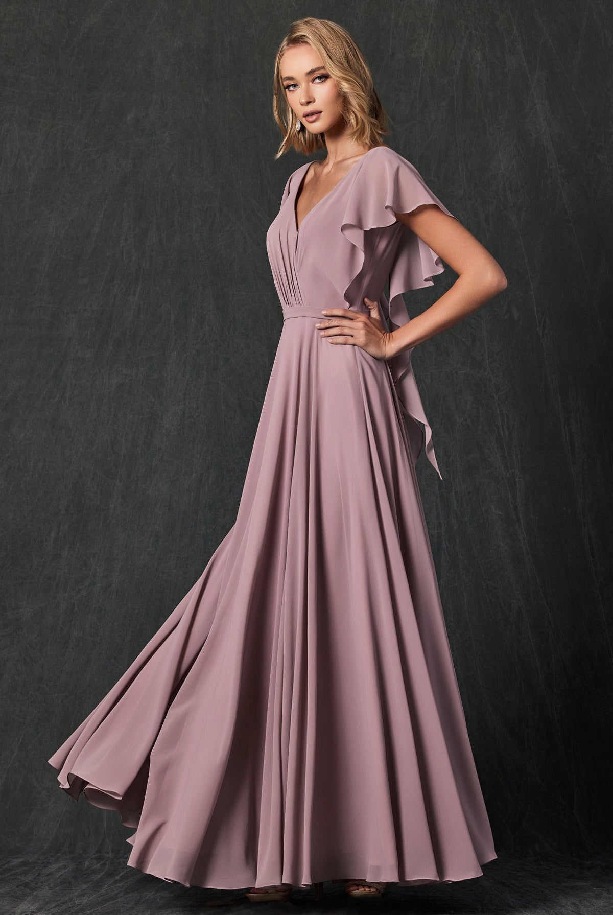 Flutter Sleeve Cascade Back Chiffon Long Bridesmaid Dress JT261-Bridesmaid Dress-smcfashion.com