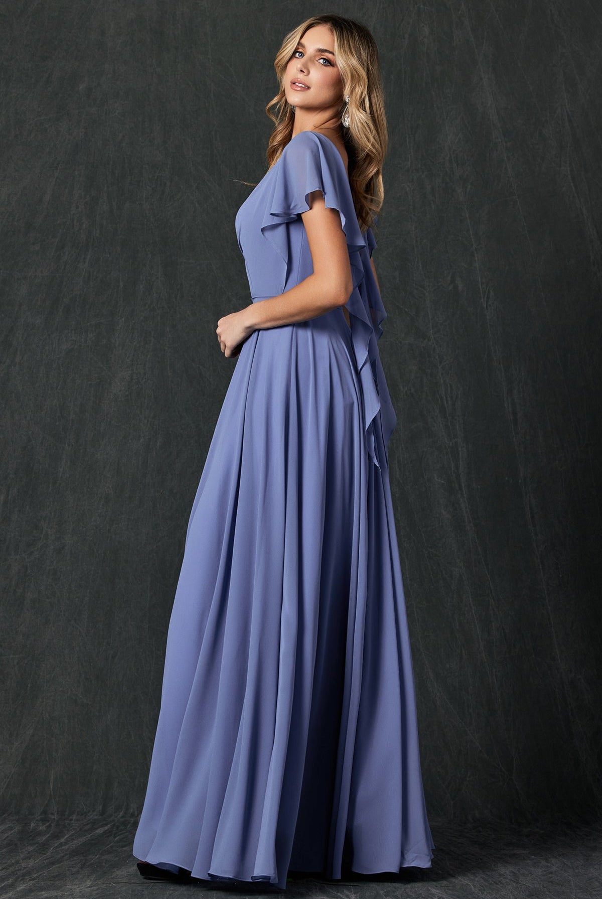 Flutter Sleeve Cascade Back Chiffon Long Bridesmaid Dress JT261-Bridesmaid Dress-smcfashion.com