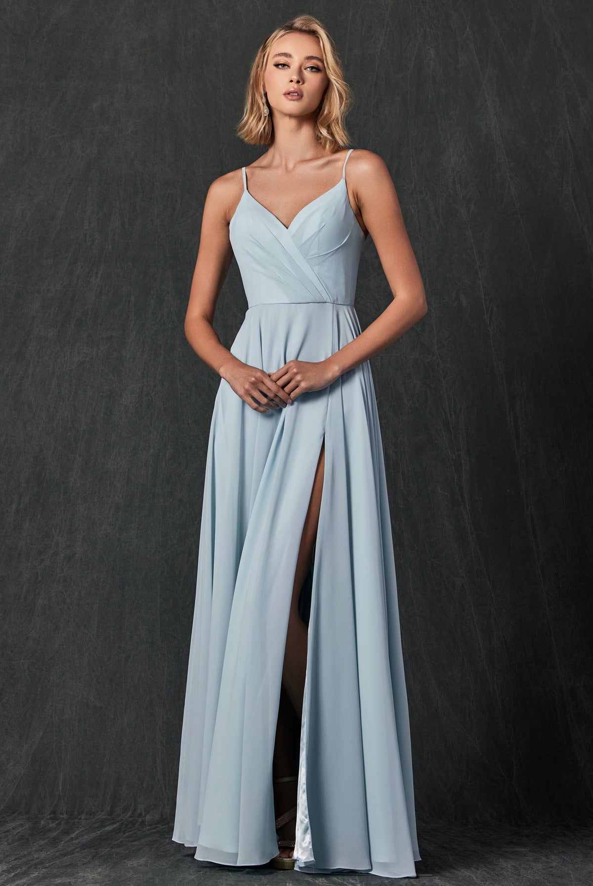 Chiffon V-Neck Open Back Side Slit Straps Long Bridesmaid Dress JT263-Bridesmaid Dress-smcfashion.com