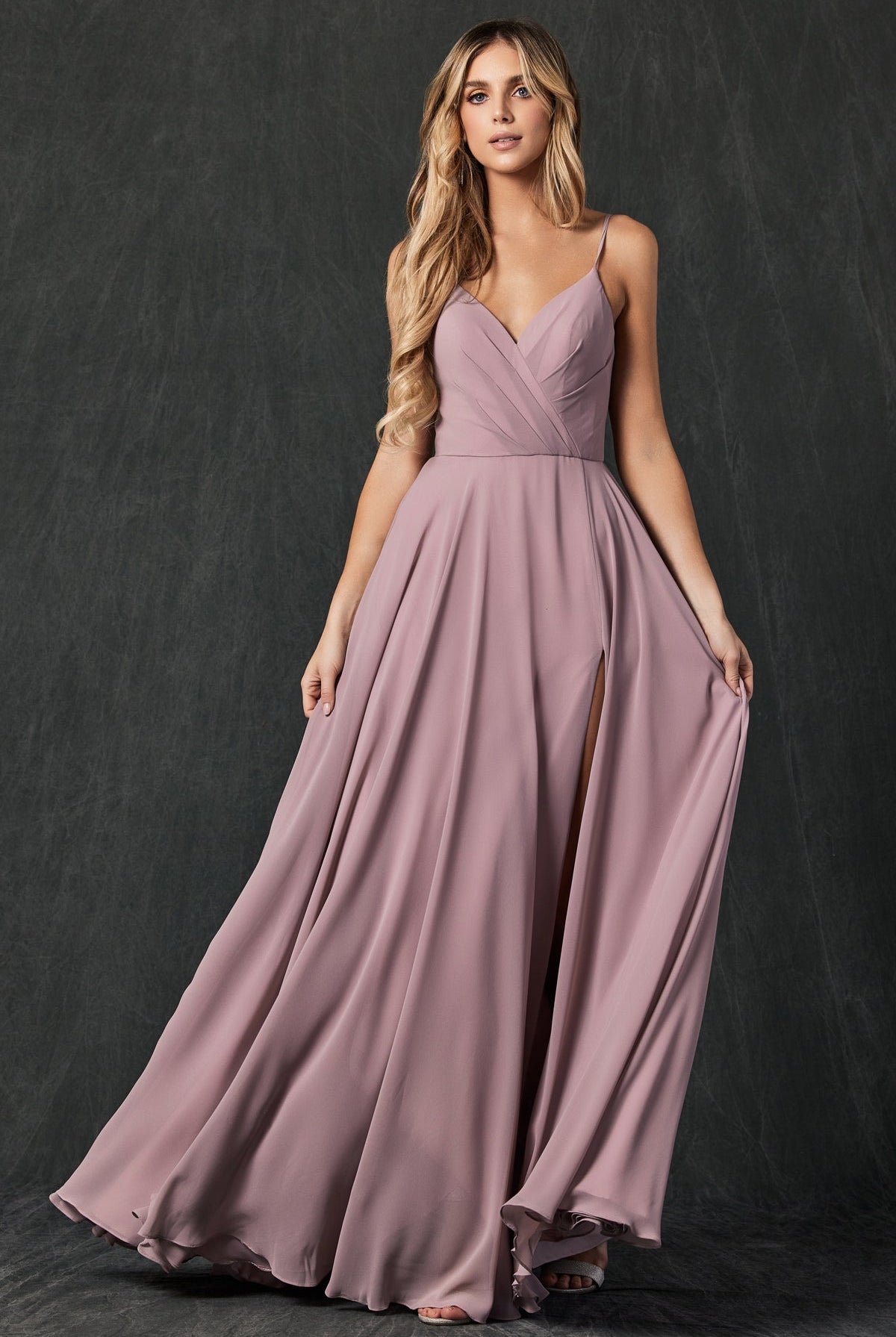 Chiffon V-Neck Open Back Side Slit Straps Long Bridesmaid Dress JT263-Bridesmaid Dress-smcfashion.com