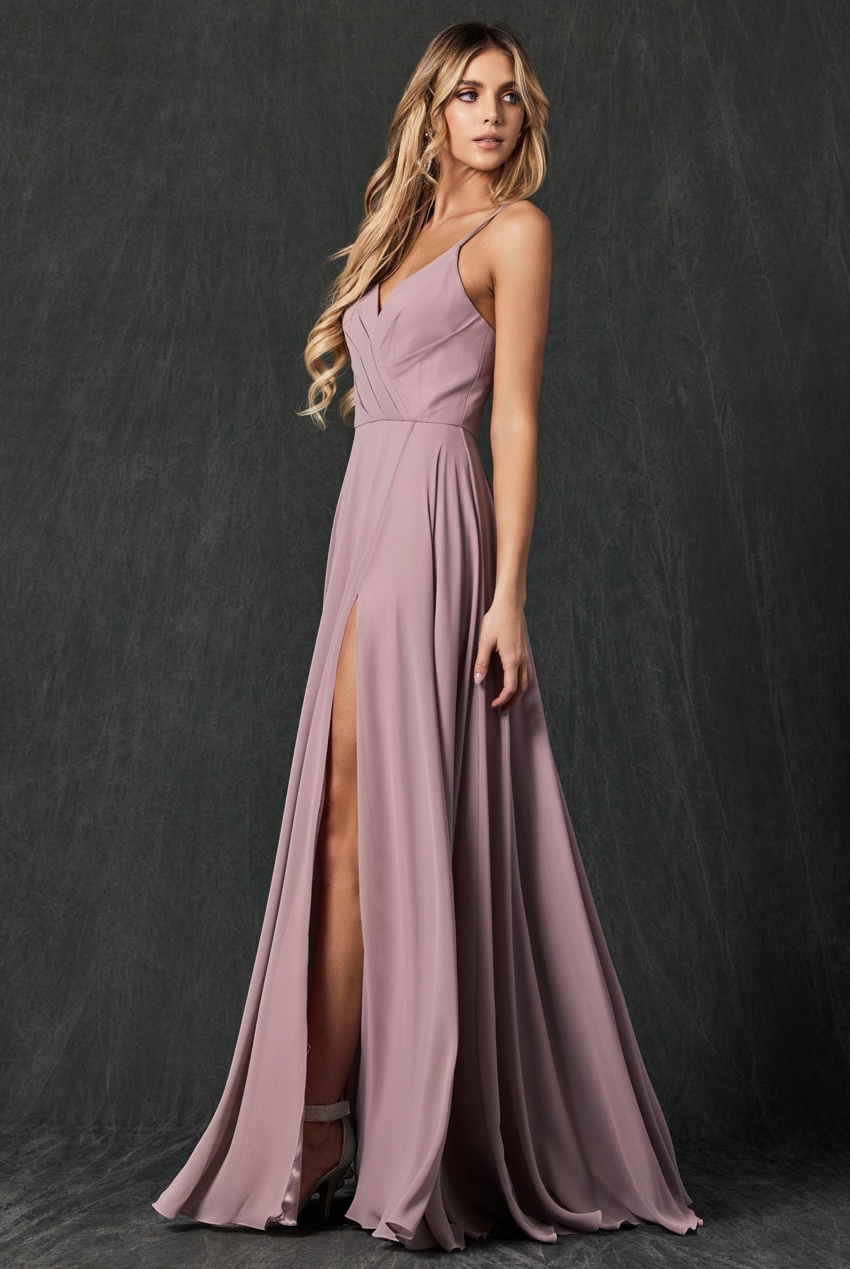 Chiffon V-Neck Open Back Side Slit Straps Long Bridesmaid Dress JT263-Bridesmaid Dress-smcfashion.com