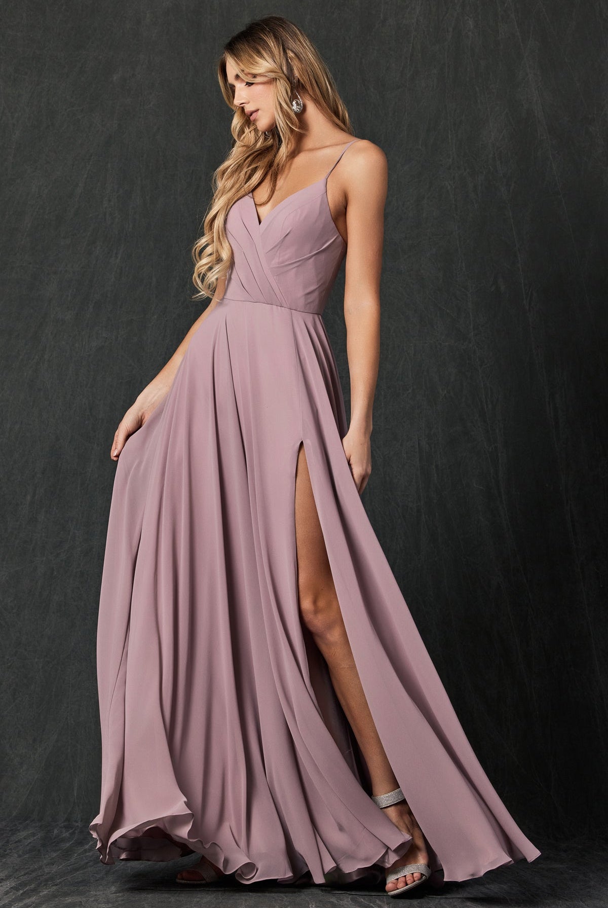 Chiffon V-Neck Open Back Side Slit Straps Long Bridesmaid Dress JT263-Bridesmaid Dress-smcfashion.com