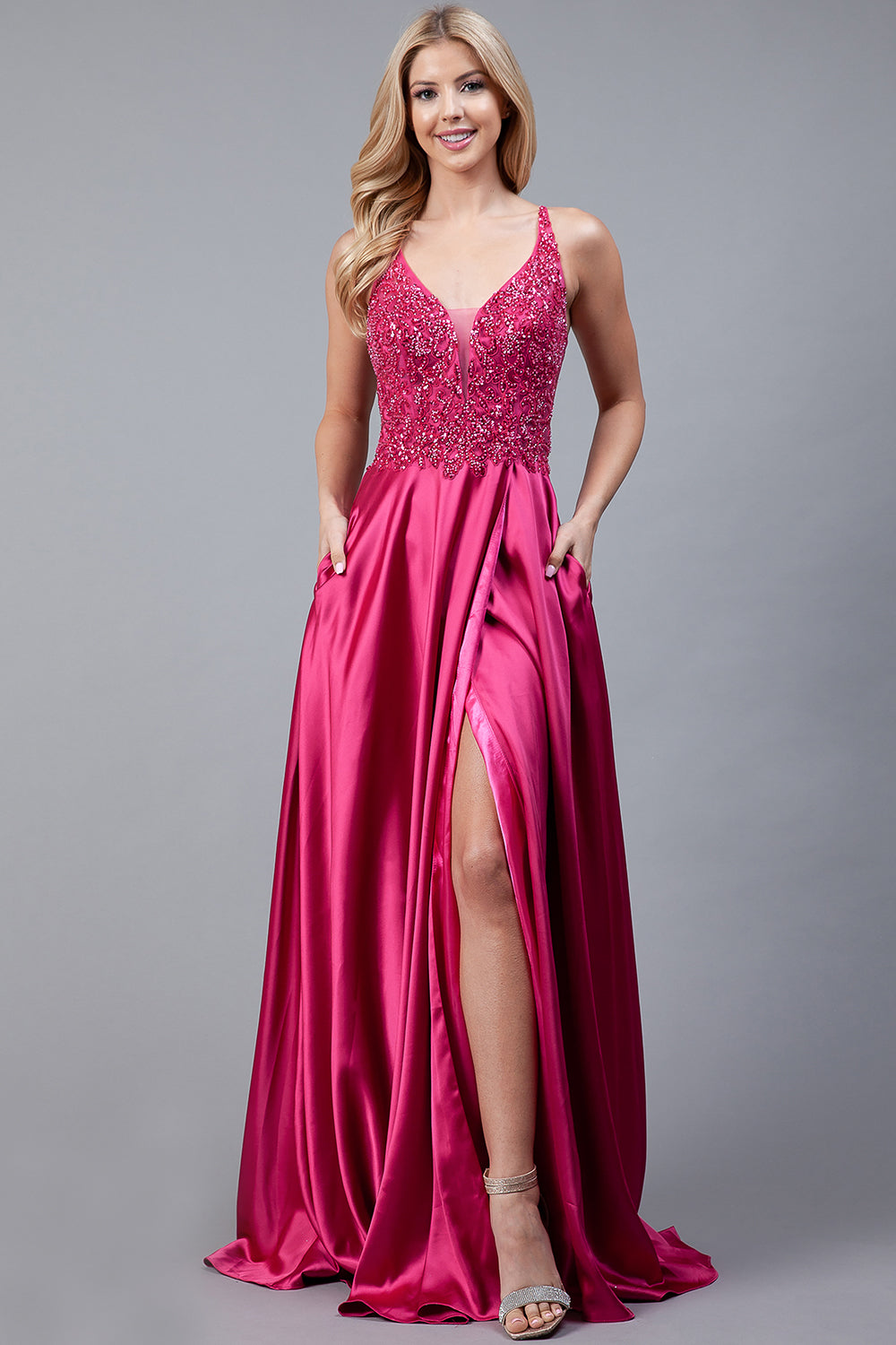 Front Slit Embroidered Bodice Straps Satin Skirt Long Prom Dress AC6120-Prom Dress-smcfashion.com