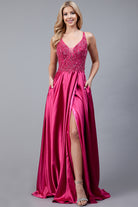 Front Slit Embroidered Bodice Straps Satin Skirt Long Prom Dress AC6120-Prom Dress-smcfashion.com