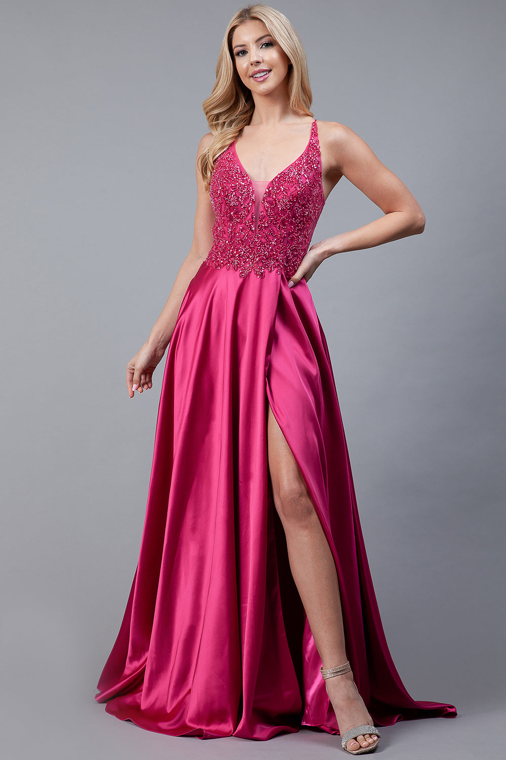 Front Slit Embroidered Bodice Straps Satin Skirt Long Prom Dress AC6120-Prom Dress-smcfashion.com