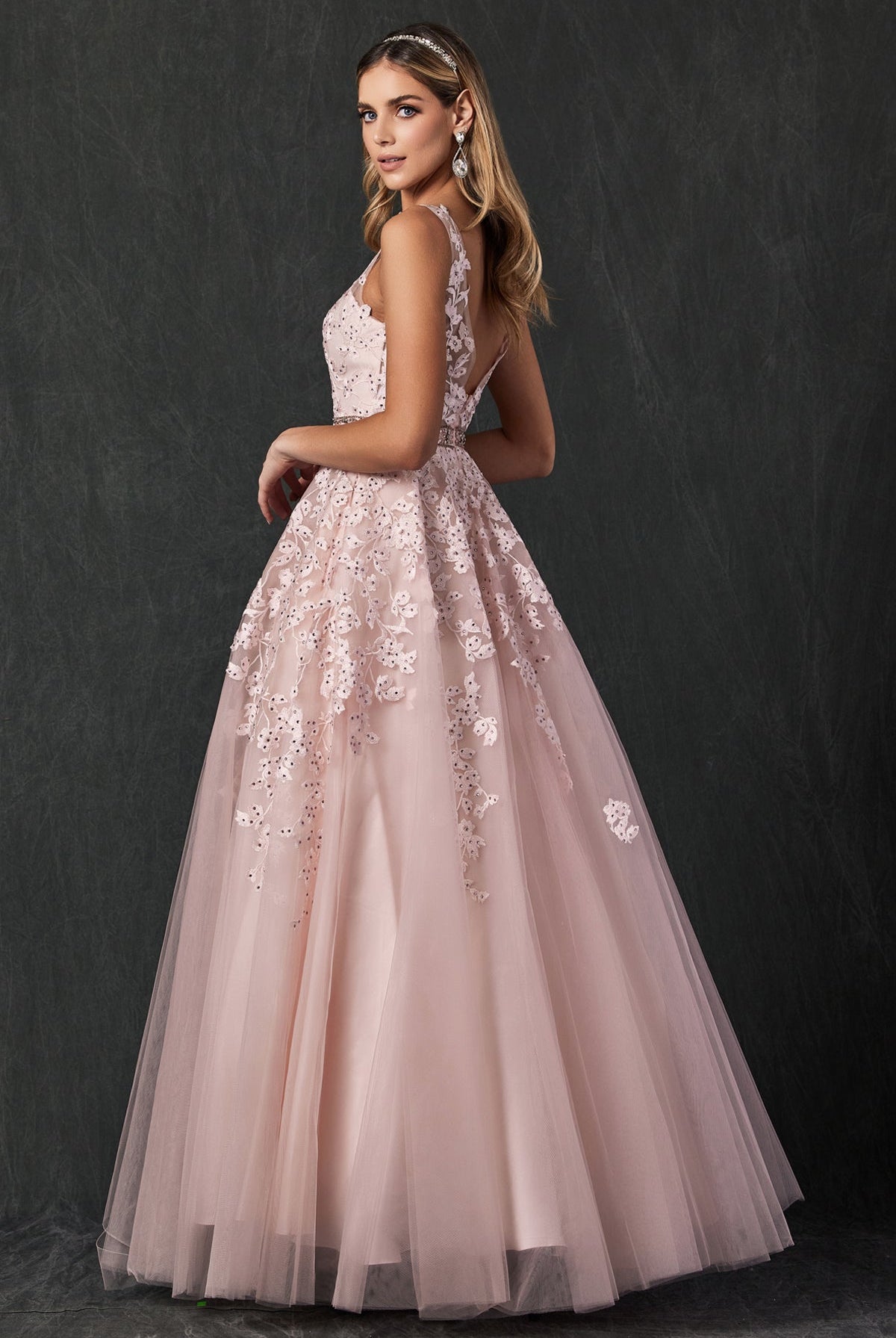 Embroidered Lace Embellished Jewel Waist Long Prom Dress JT224-Prom Dress-smcfashion.com
