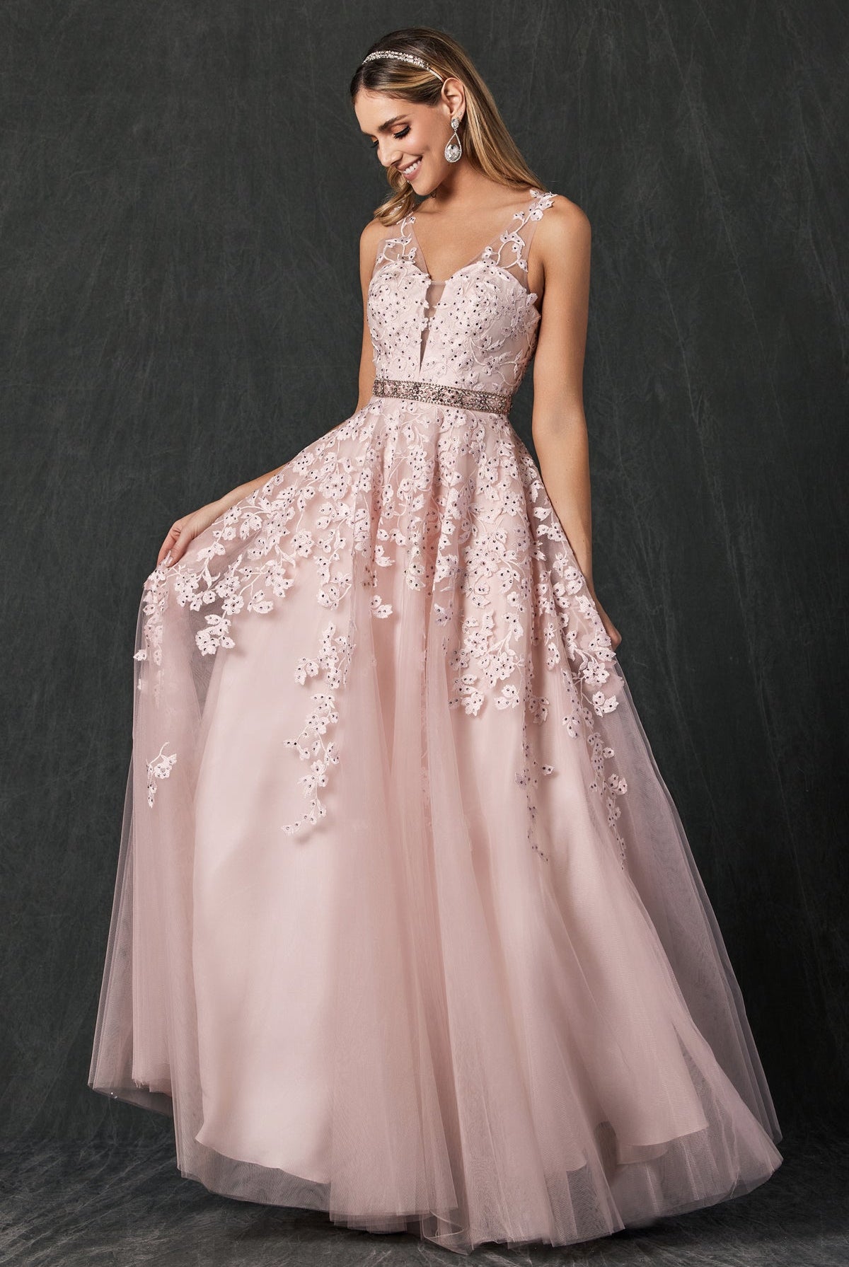 Embroidered Lace Embellished Jewel Waist Long Prom Dress JT224-Prom Dress-smcfashion.com