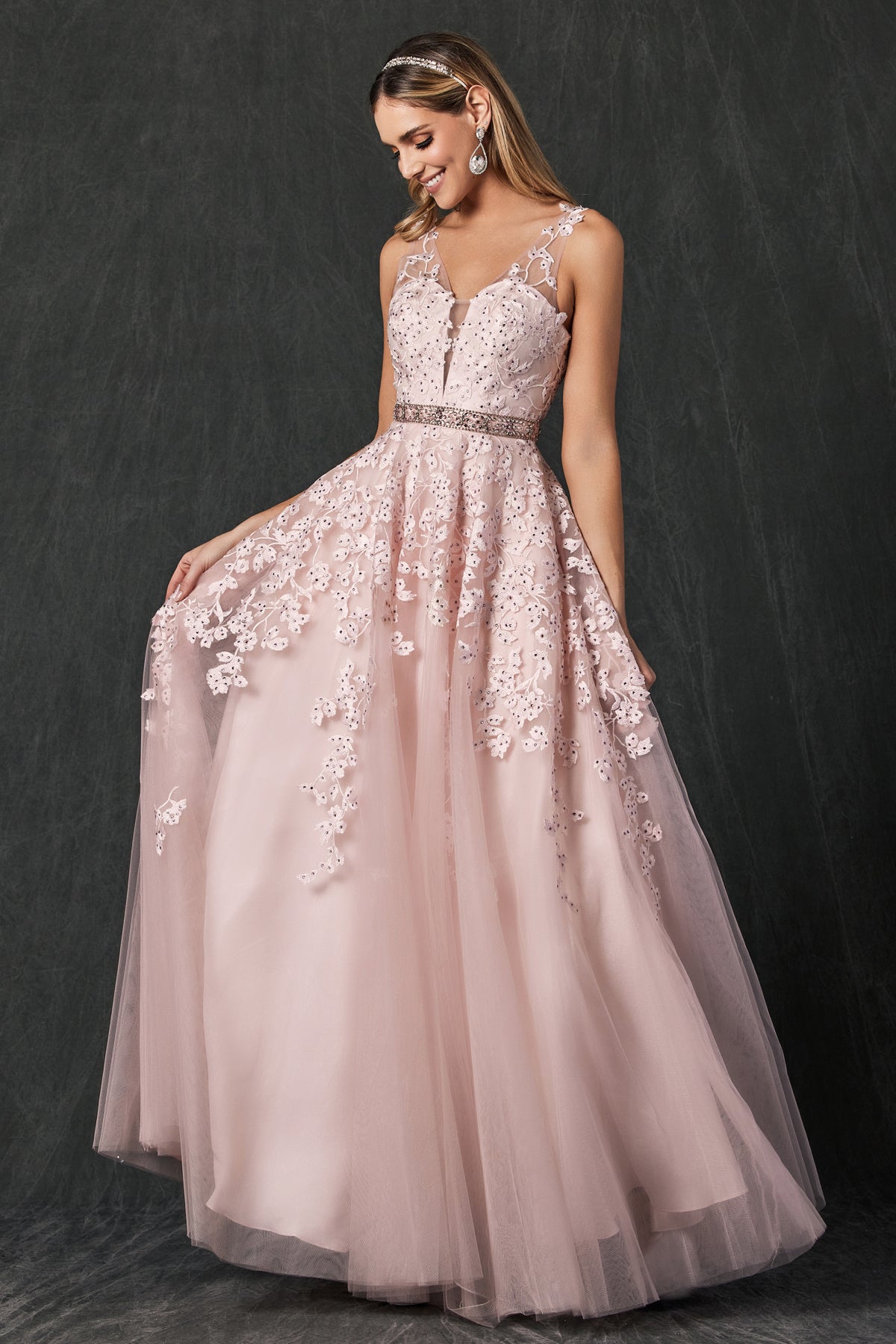 Embroidered Lace Embellished Jewel Waist Long Prom Dress JT224-Prom Dress-smcfashion.com