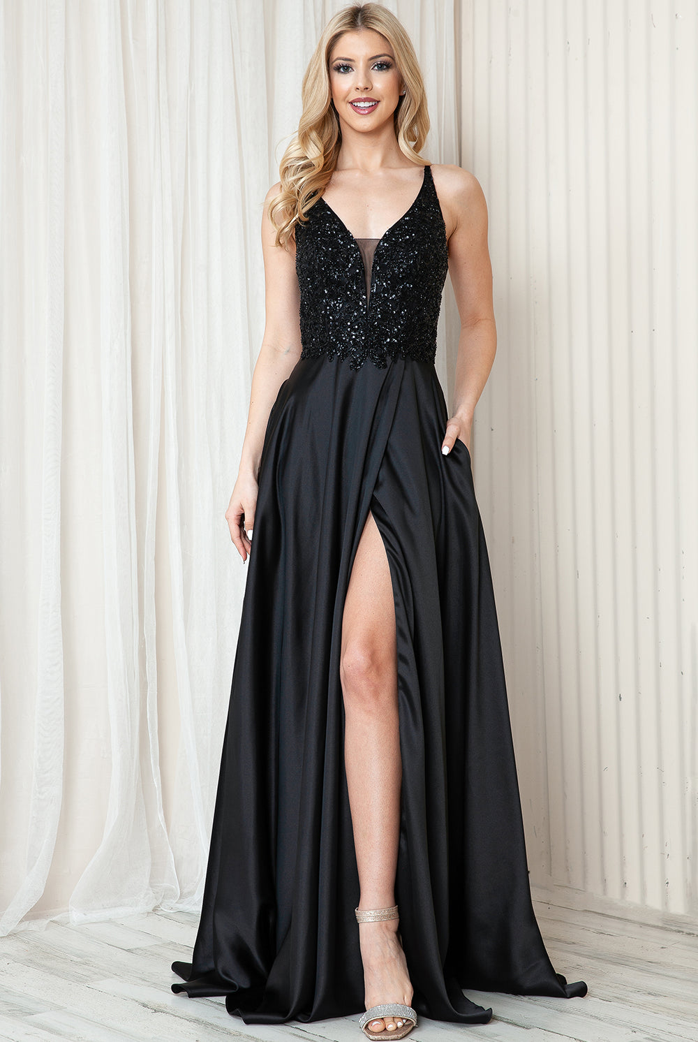 Front Slit Embroidered Bodice Straps Satin Skirt Long Prom Dress AC6120-Prom Dress-smcfashion.com