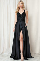 Front Slit Embroidered Bodice Straps Satin Skirt Long Prom Dress AC6120-Prom Dress-smcfashion.com
