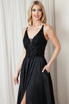 Front Slit Embroidered Bodice Straps Satin Skirt Long Prom Dress AC6120-Prom Dress-smcfashion.com