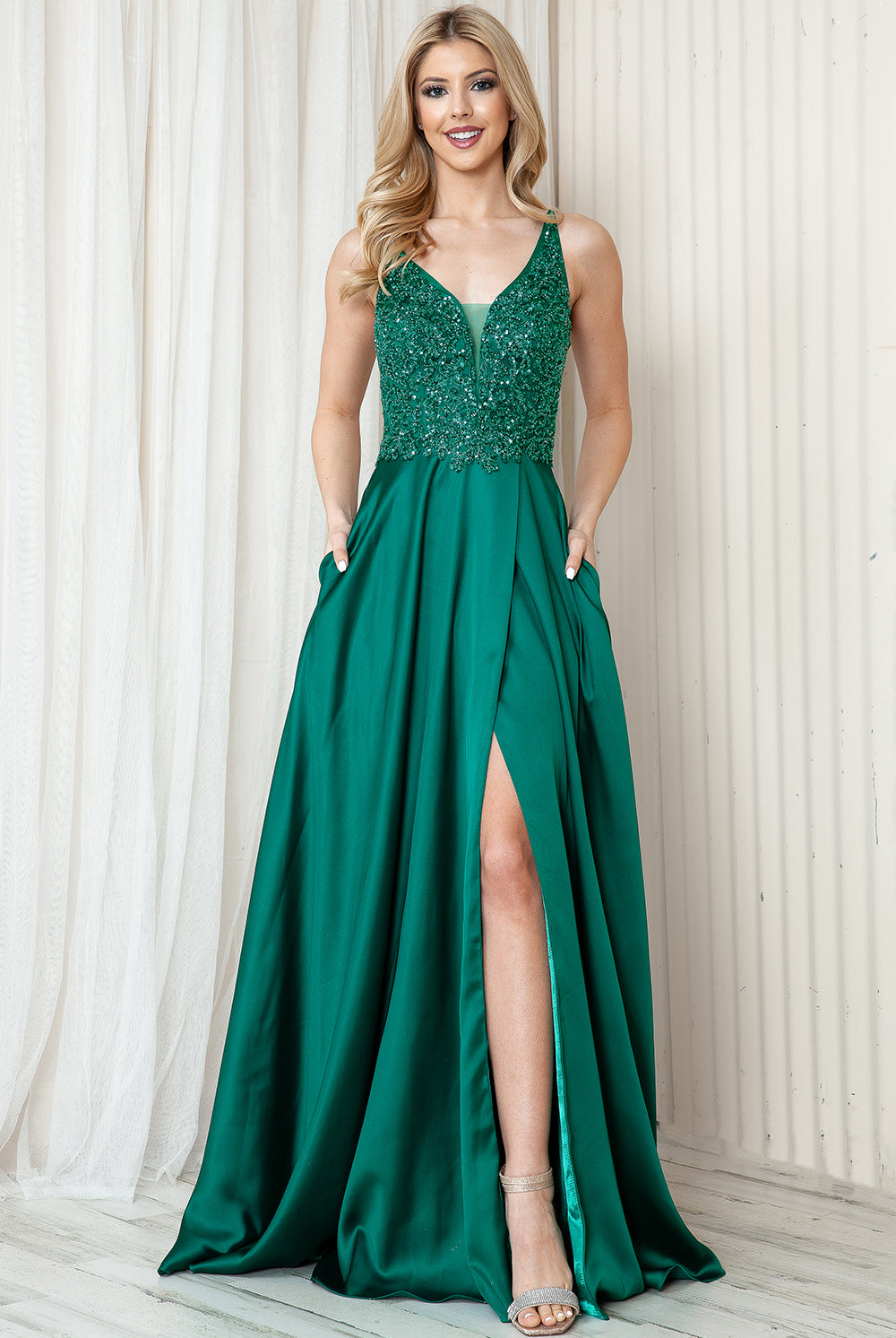 Front Slit Embroidered Bodice Straps Satin Skirt Long Prom Dress AC6120-Prom Dress-smcfashion.com