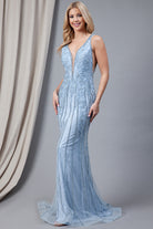Illusion V-Neck Straps All-Over Vertical Rhinetone Pattern Long Prom Dress AC2103-Prom Dress-smcfashion.com