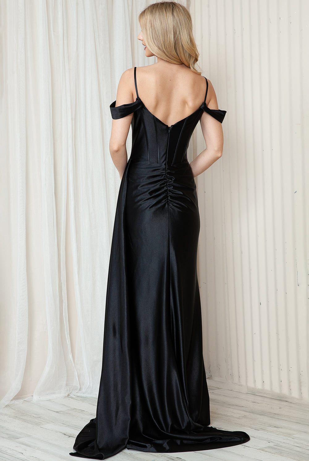 Off Shoulder Satin Side Slit Straps Long Evenin & Prom Dress AC5047-Evening Dress-smcfashion.com