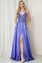 Front Slit Embroidered Bodice Straps Satin Skirt Long Prom Dress AC6120-Prom Dress-smcfashion.com