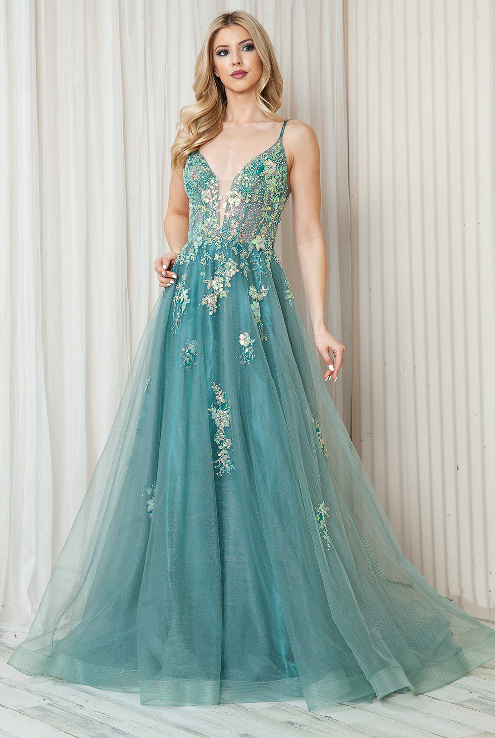 Tulle Skirt Embroidered Lace High Side Slit Long Prom Dress ACTM1003-Prom Dress-smcfashion.com