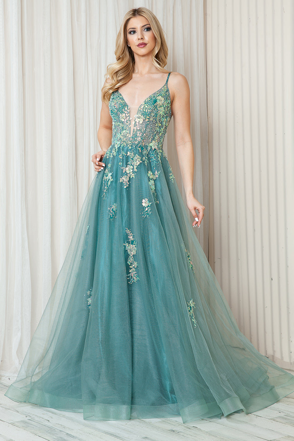 Tulle Skirt Embroidered Lace High Side Slit Long Prom Dress ACTM1003-Prom Dress-smcfashion.com