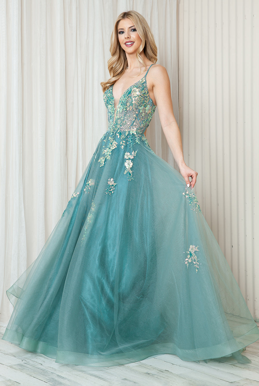 Tulle Skirt Embroidered Lace High Side Slit Long Prom Dress ACTM1003-Prom Dress-smcfashion.com