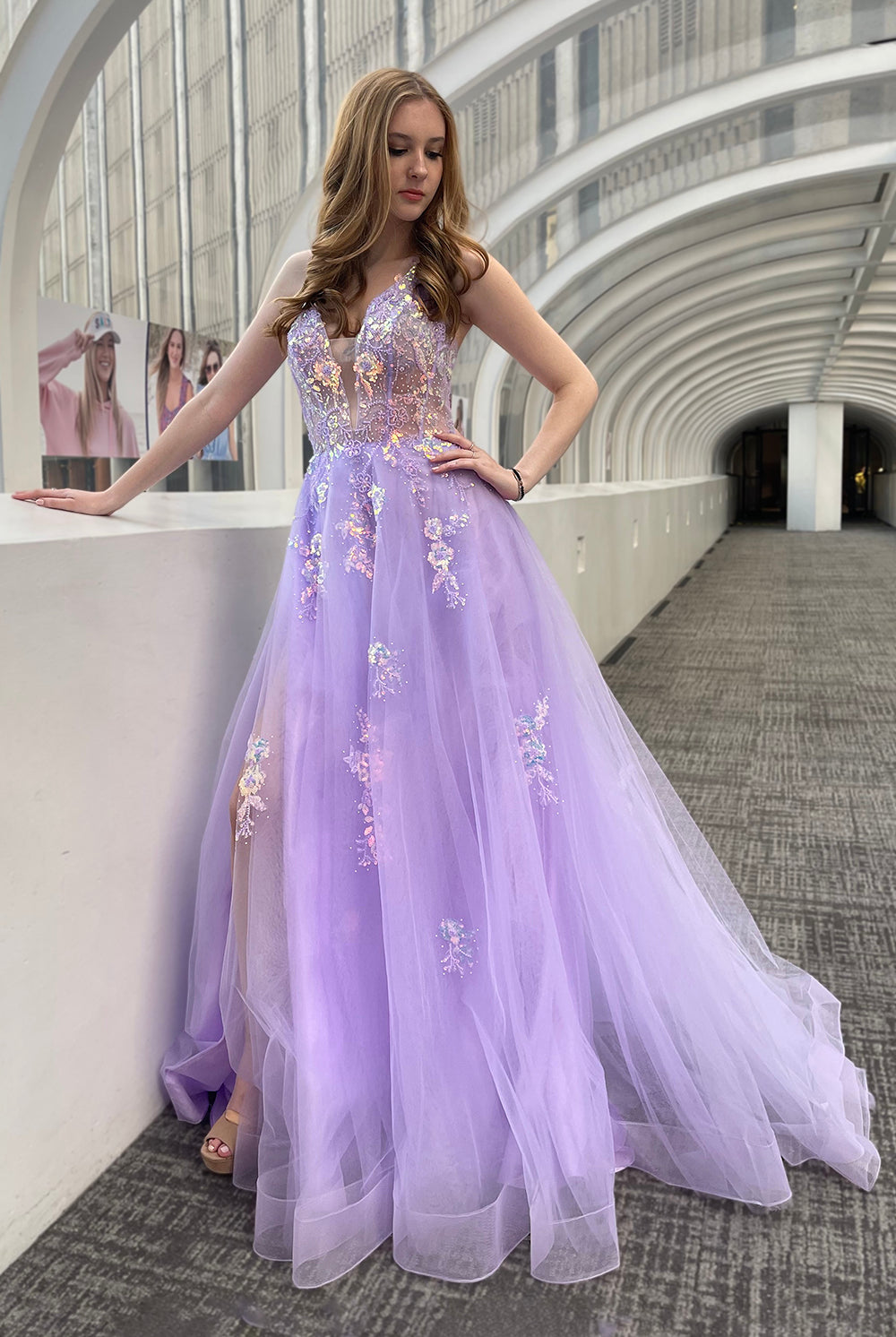Tulle Skirt Embroidered Lace High Side Slit Long Prom Dress ACTM1003-Prom Dress-smcfashion.com