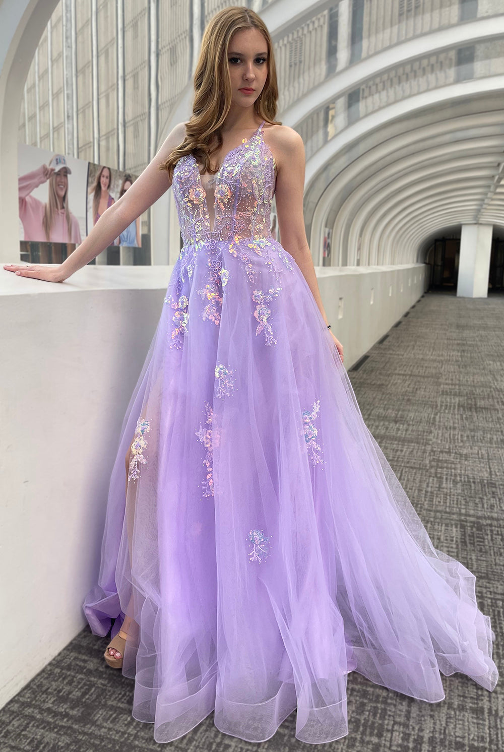 Tulle Skirt Embroidered Lace High Side Slit Long Prom Dress ACTM1003-Prom Dress-smcfashion.com