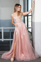 Tulle Skirt Embroidered Lace High Side Slit Long Prom Dress ACTM1003-Prom Dress-smcfashion.com