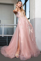 Tulle Skirt Embroidered Lace High Side Slit Long Prom Dress ACTM1003-Prom Dress-smcfashion.com