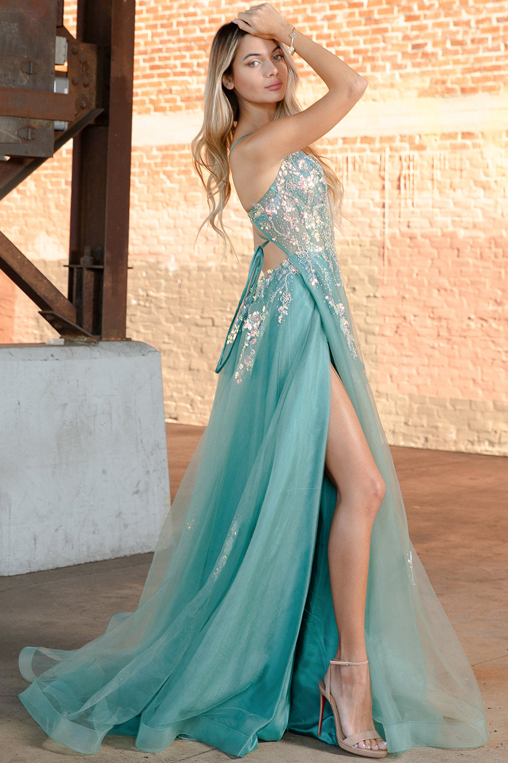 Tulle Skirt Embroidered Lace High Side Slit Long Prom Dress ACTM1003-Prom Dress-smcfashion.com