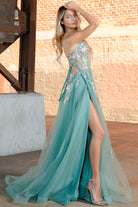 Tulle Skirt Embroidered Lace High Side Slit Long Prom Dress ACTM1003-Prom Dress-smcfashion.com