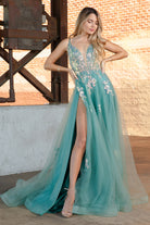 Tulle Skirt Embroidered Lace High Side Slit Long Prom Dress ACTM1003-Prom Dress-smcfashion.com