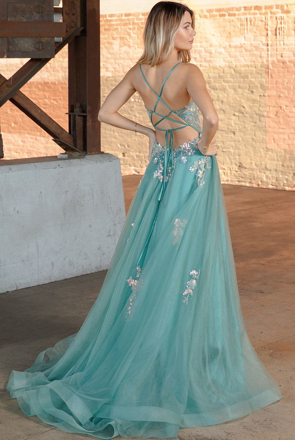 Tulle Skirt Embroidered Lace High Side Slit Long Prom Dress ACTM1003-Prom Dress-smcfashion.com