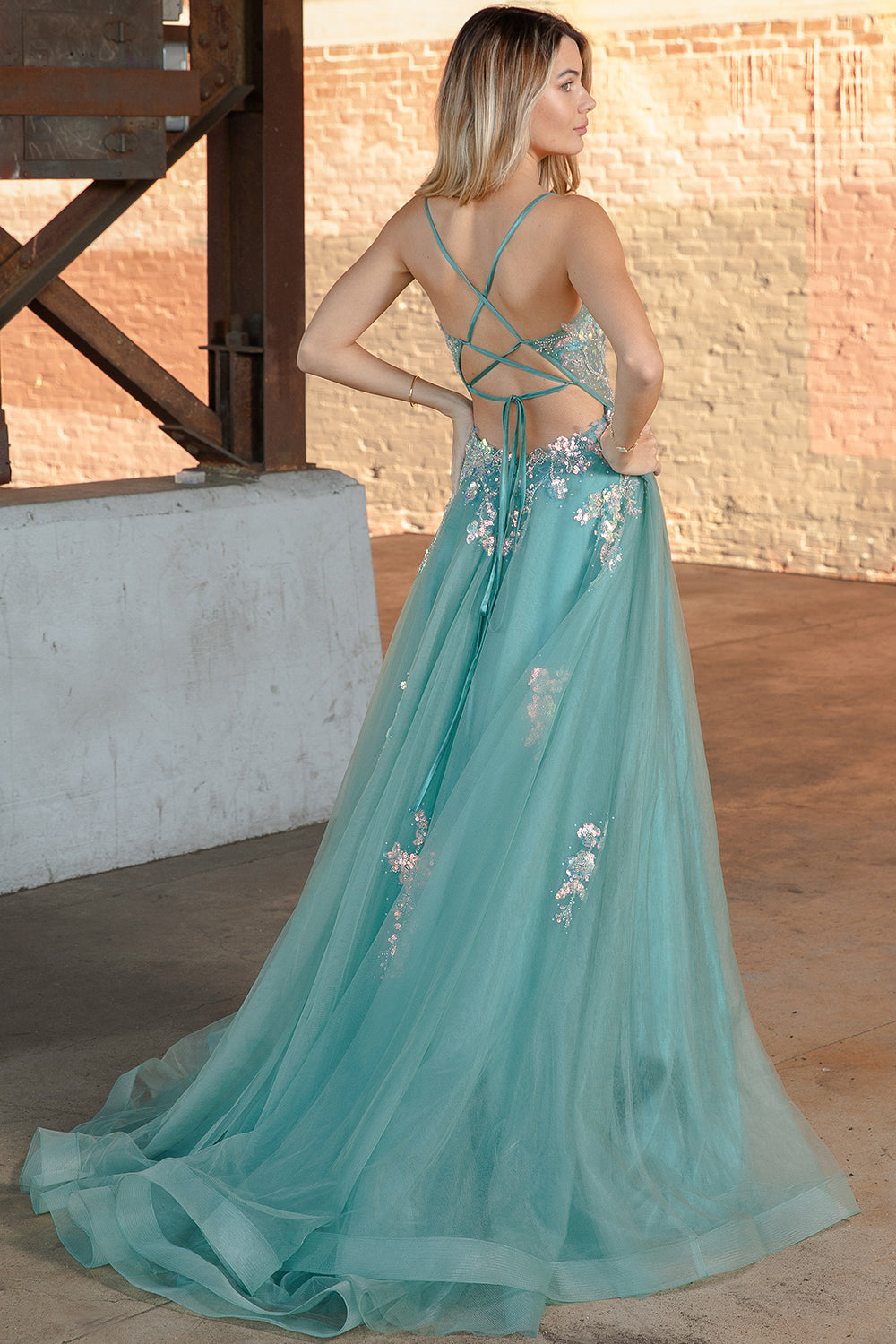 Tulle Skirt Embroidered Lace High Side Slit Long Prom Dress ACTM1003-Prom Dress-smcfashion.com