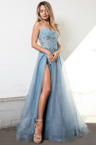 Embroidered Lace Bodice Side Slit Tulle Skirt Long Prom Dress ACTM1004-Prom Dress-smcfashion.com