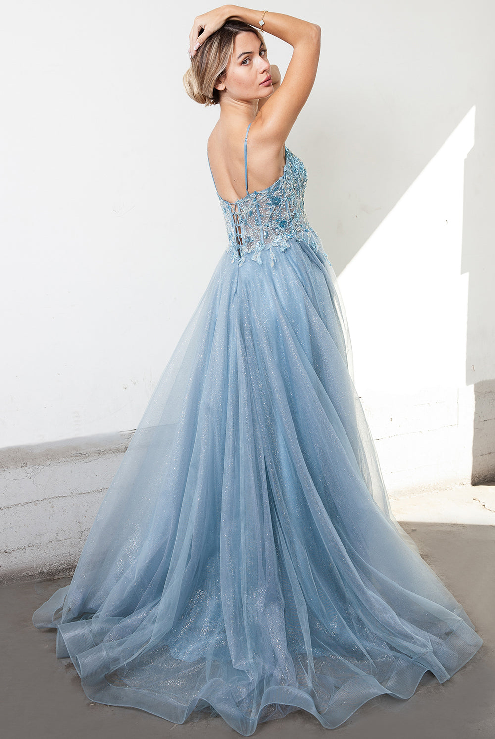 Embroidered Lace Bodice Side Slit Tulle Skirt Long Prom Dress ACTM1004-Prom Dress-smcfashion.com