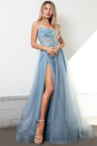 Embroidered Lace Bodice Side Slit Tulle Skirt Long Prom Dress ACTM1004-Prom Dress-smcfashion.com