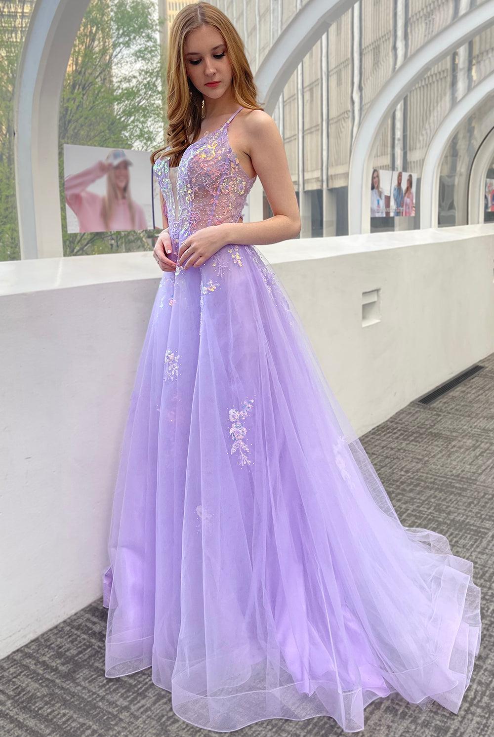 Tulle Skirt Embroidered Lace High Side Slit Long Prom Dress ACTM1003-Prom Dress-smcfashion.com
