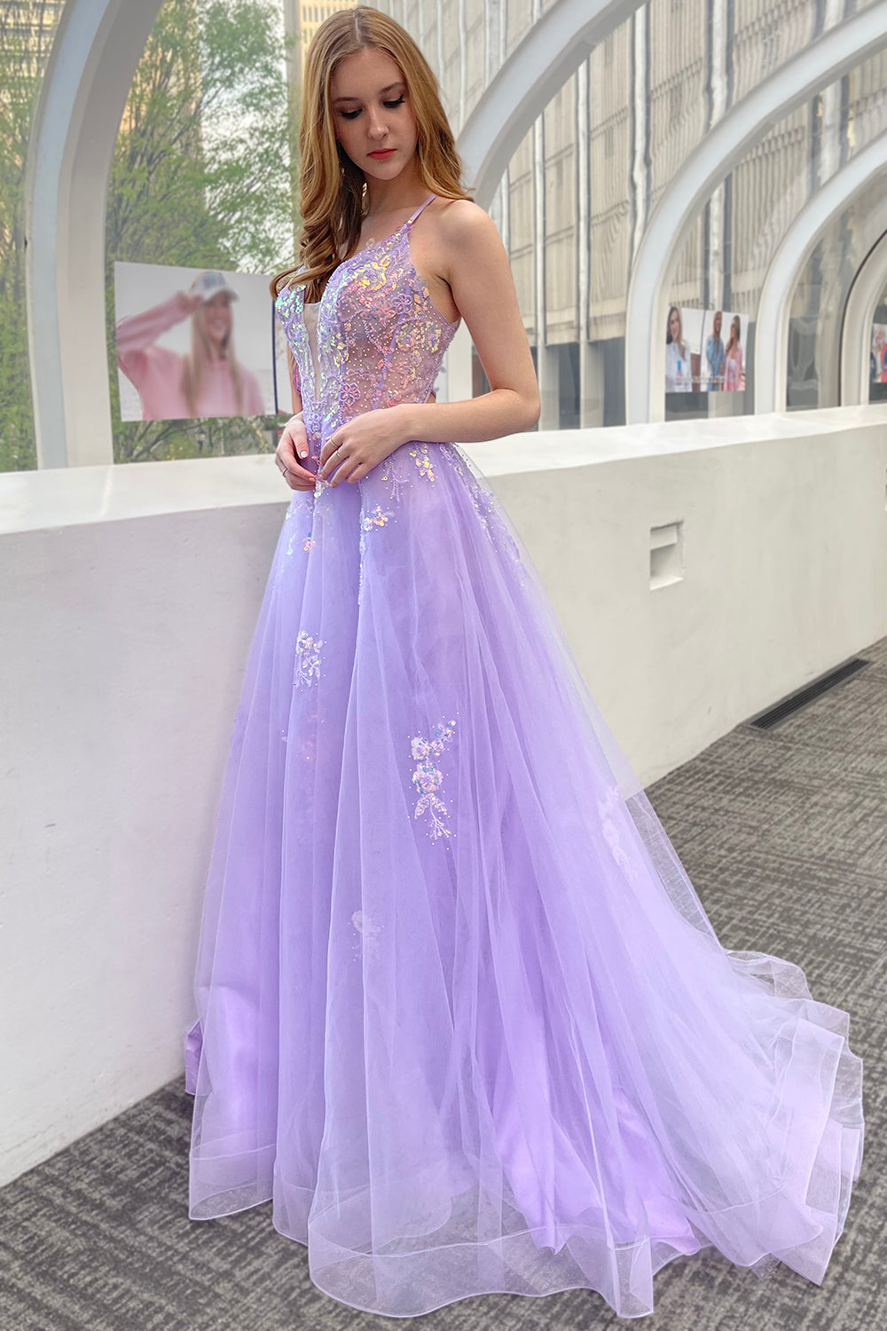 Tulle Skirt Embroidered Lace High Side Slit Long Prom Dress ACTM1003-Prom Dress-smcfashion.com