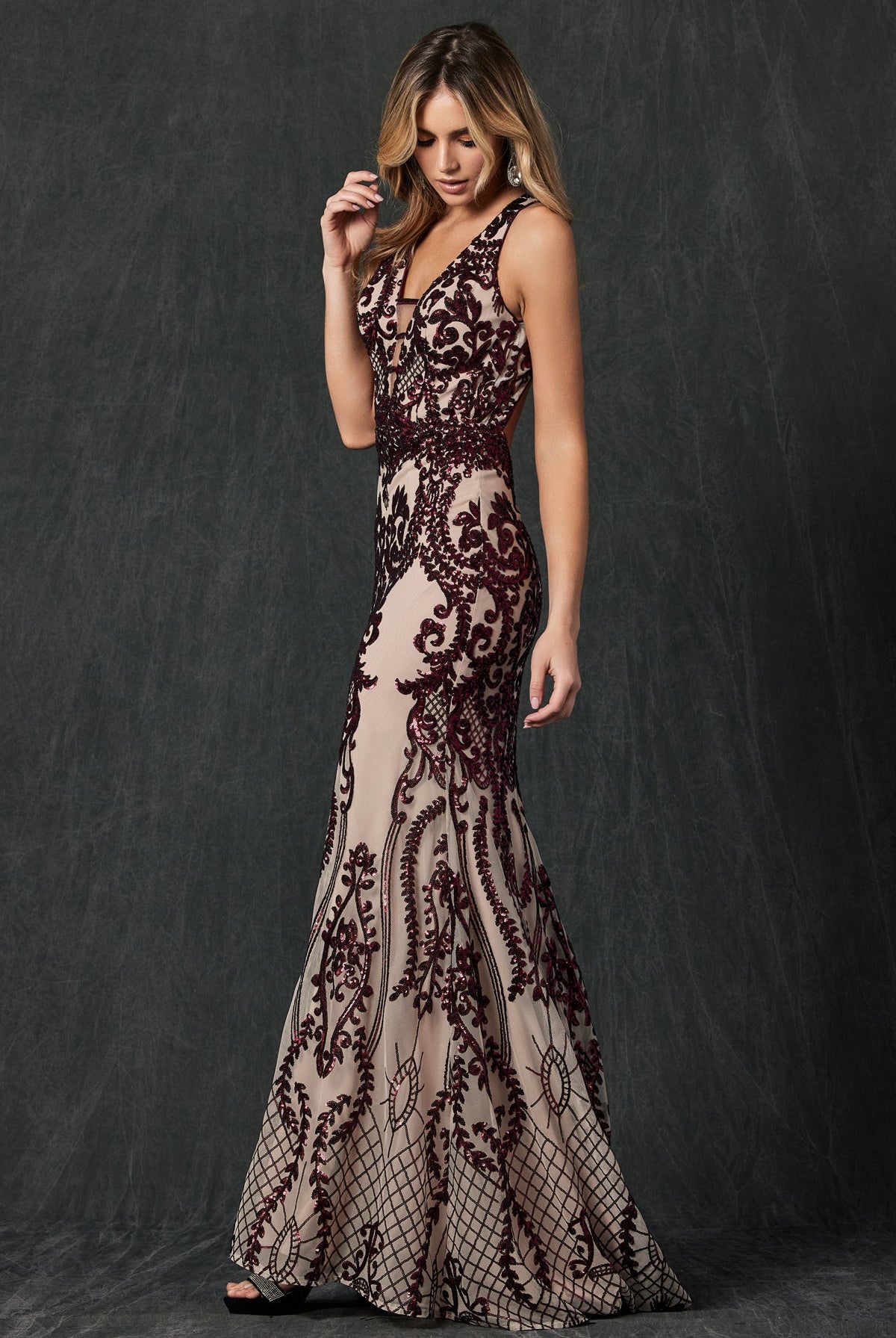 Embroidered Lace Open Back Illusion V-Neck Mermaid Long Prom Dress JT243-Prom Dress-smcfashion.com