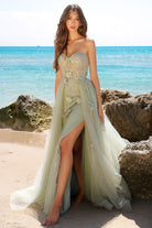 Strapless Sheer Bustier Inspired Bodice Elegant Overskirt Long Prom Dress ACTM1002-Prom Dress-smcfashion.com