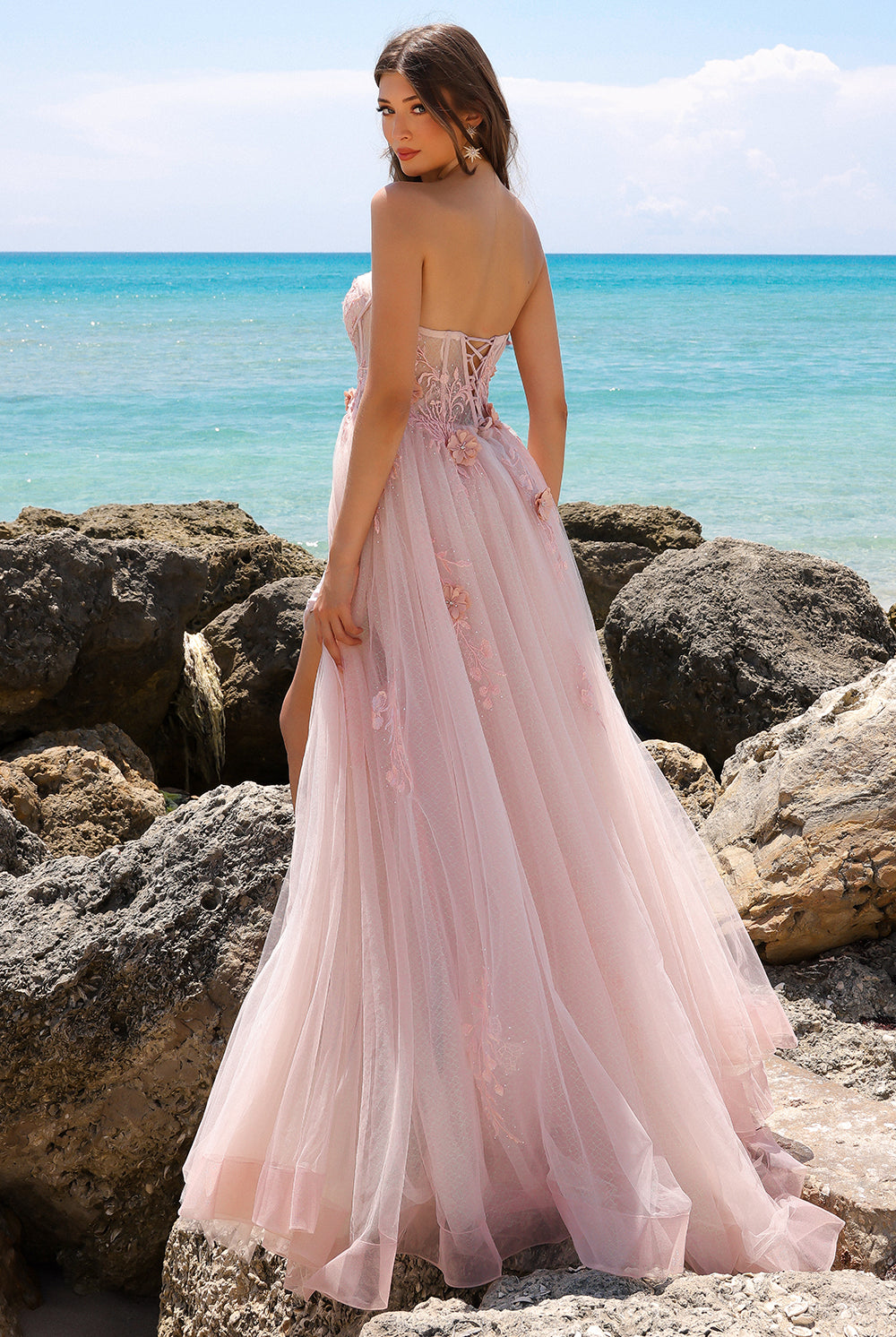 Strapless Sheer Bustier Inspired Bodice Elegant Overskirt Long Prom Dress ACTM1002-Prom Dress-smcfashion.com
