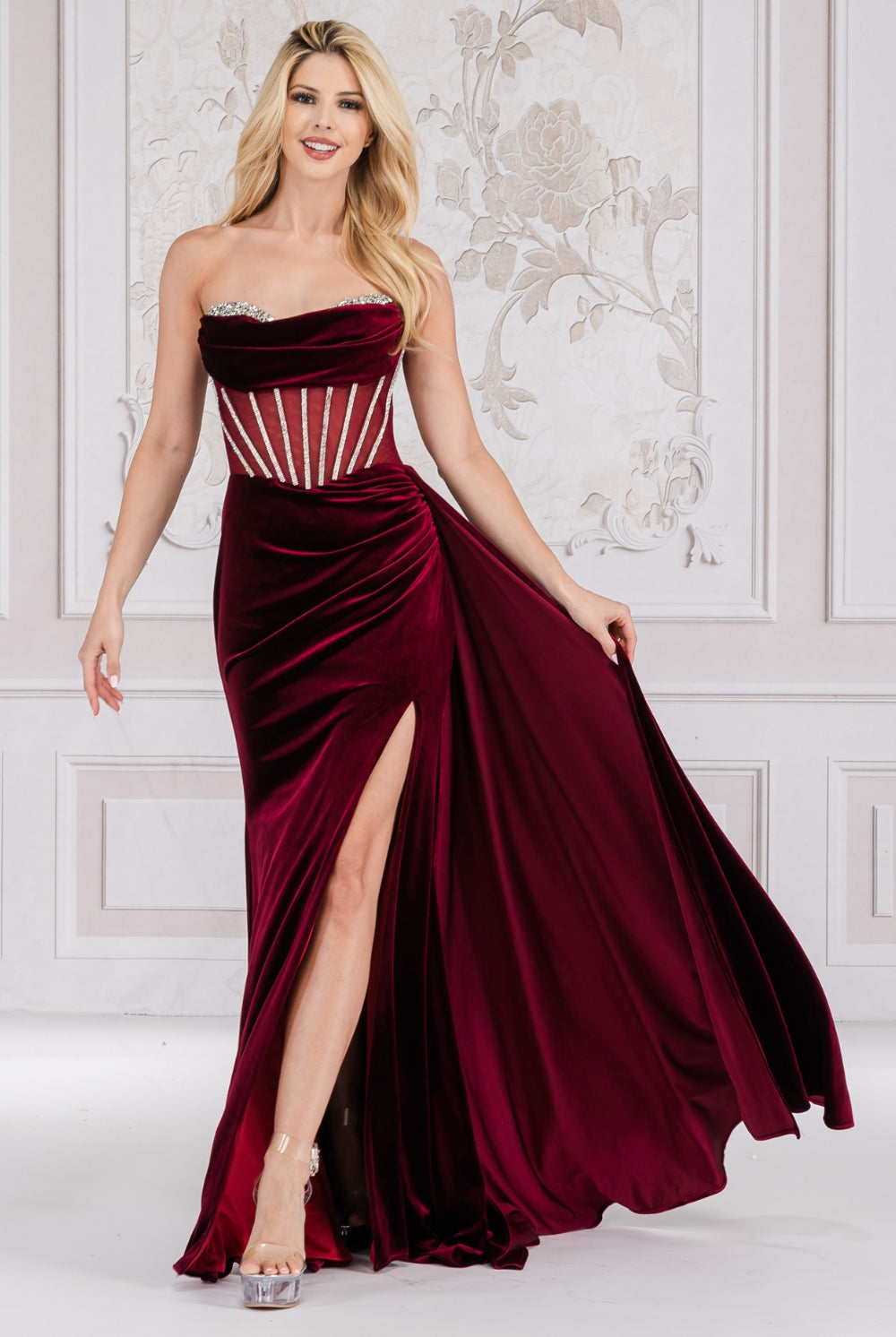 Strapless Embellished Jewel Side Slit Mermaid Long Prom Dress AC5051-Prom Dress-smcfashion.com