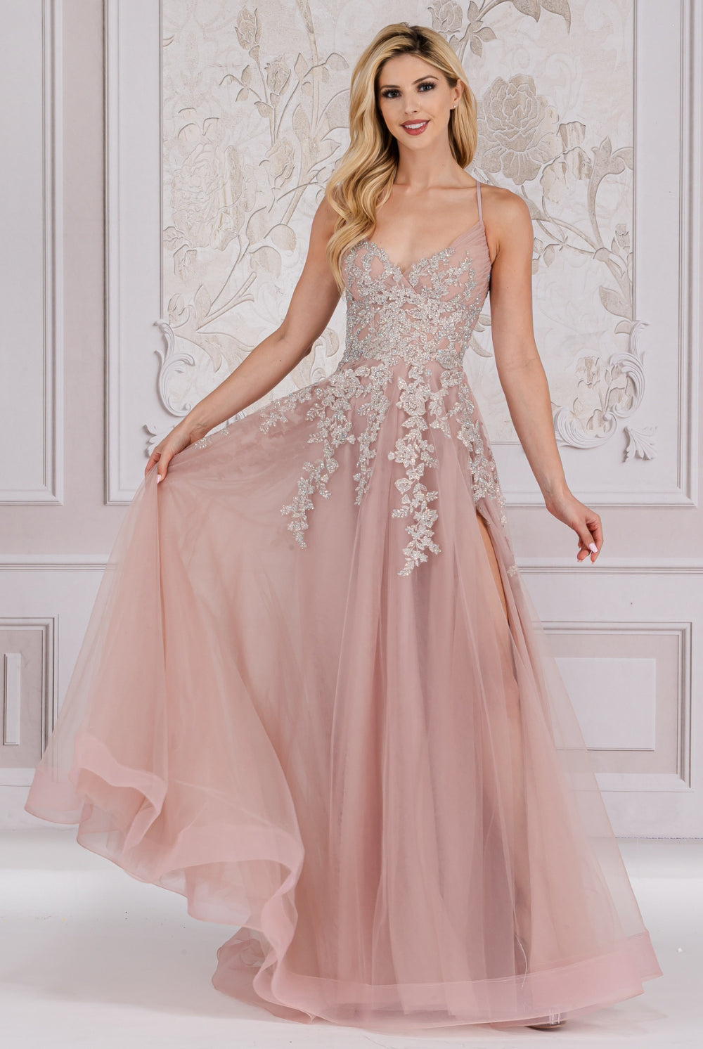 Side Slit Embroidered Lace Open Criss Cross Back Long Prom Dress ACTM1006-Prom Dress-smcfashion.com