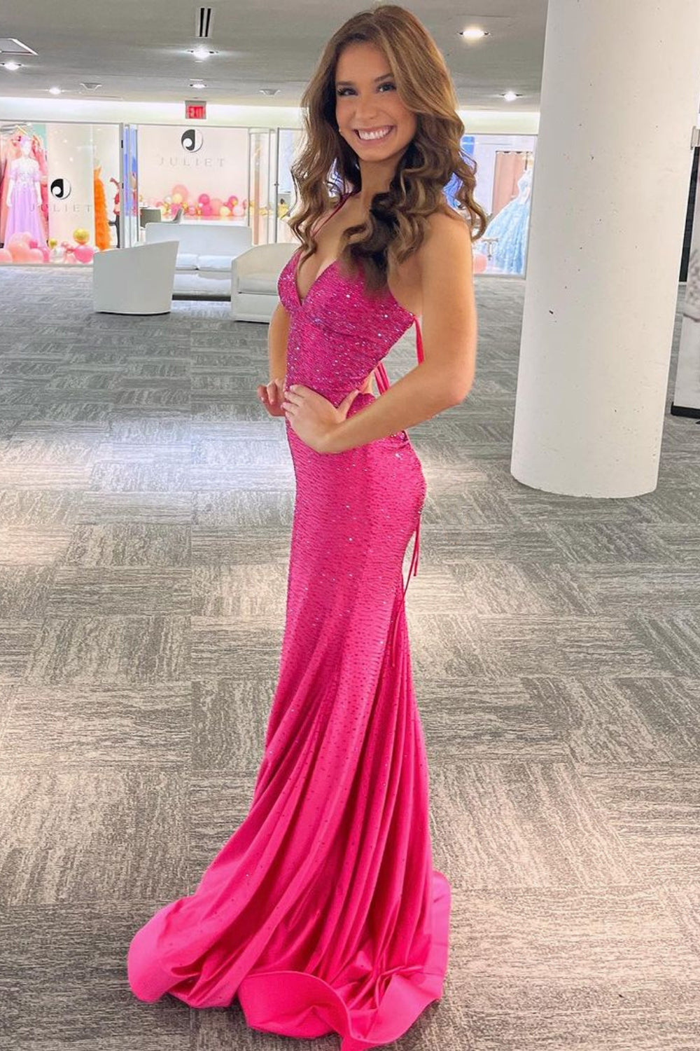 Mermaid Illusion V-Neck Embellished Sequin Open Criss Cross Back Long Prom Dress AC3018-Prom Dress-smcfashion.com