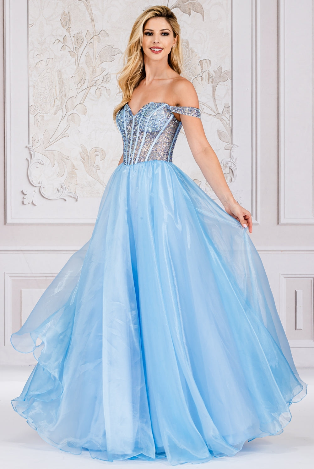 Off Shoulder Sheer Embellished Bodice A-Line Long Prom Dress AC7040-Prom Dress-smcfashion.com