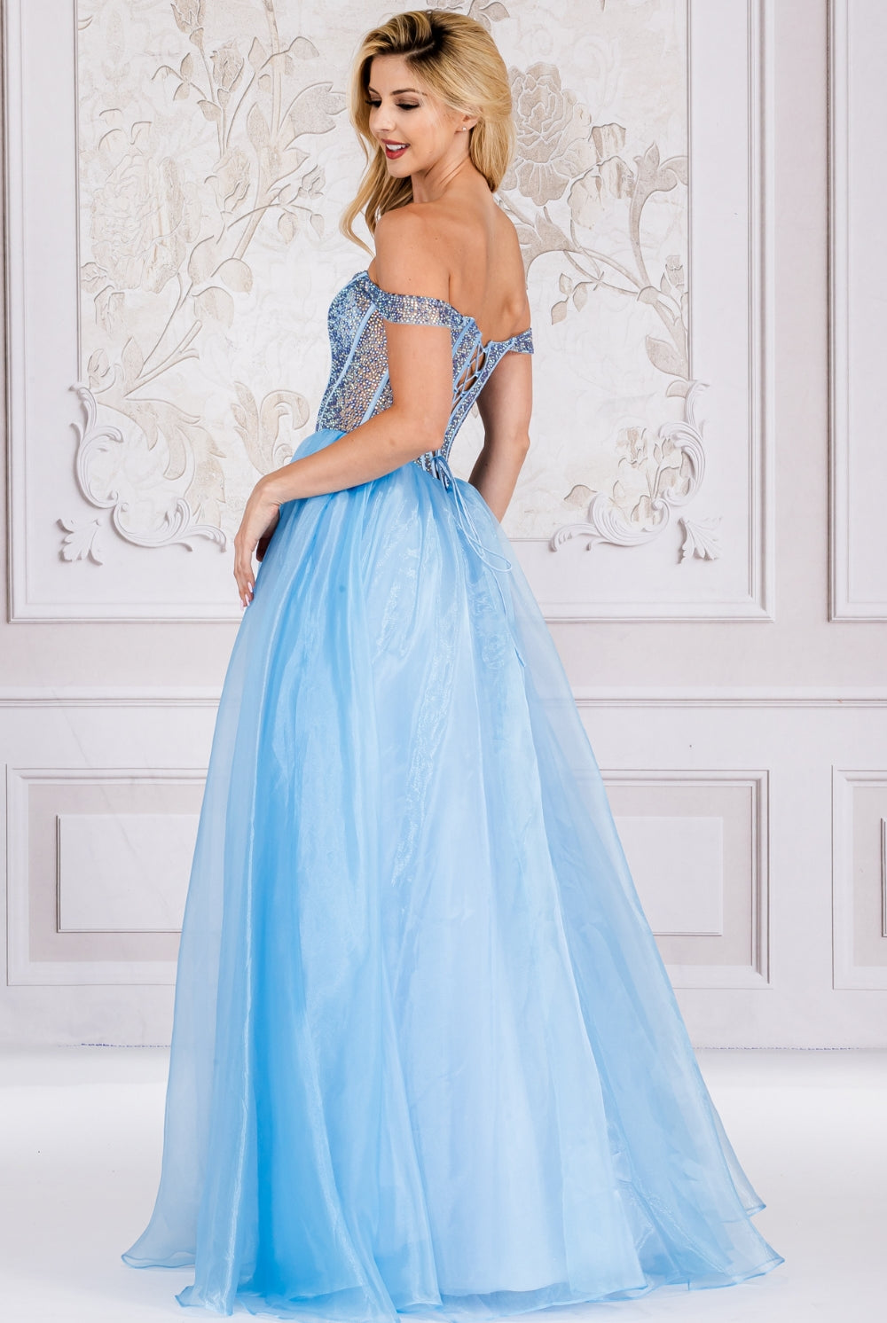 Off Shoulder Sheer Embellished Bodice A-Line Long Prom Dress AC7040-Prom Dress-smcfashion.com