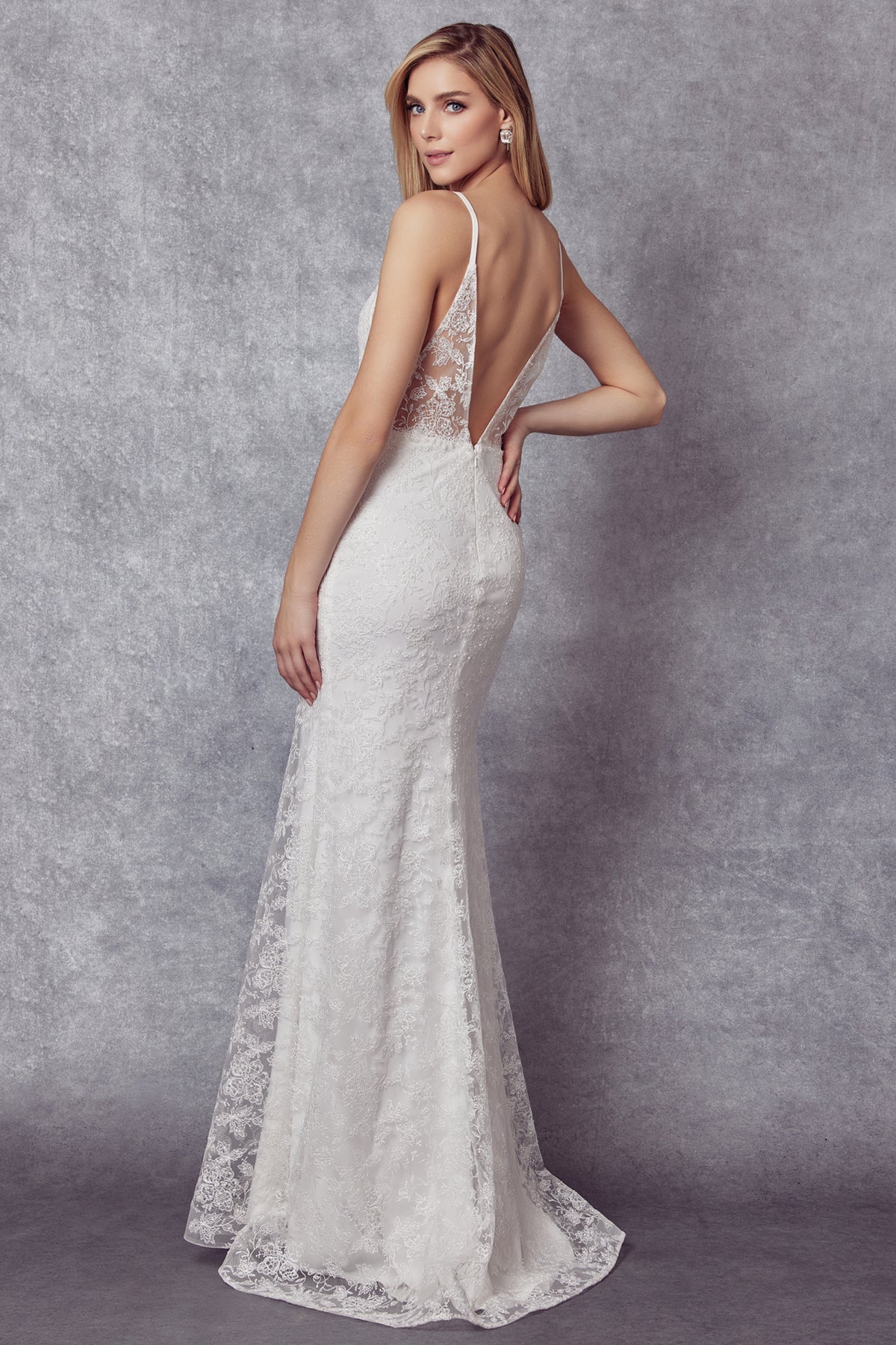 Embroidered Glitter Illusion V-Neck Long Wedding Dress JT272W-Wedding Dress-smcfashion.com