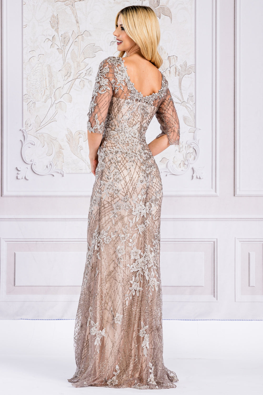 Embroidered Lace Trumpet Sheer 3/4 Sleeves Long Mother Of The Bride Dress AC7045-Mother of the Bride Dress-smcfashion.com