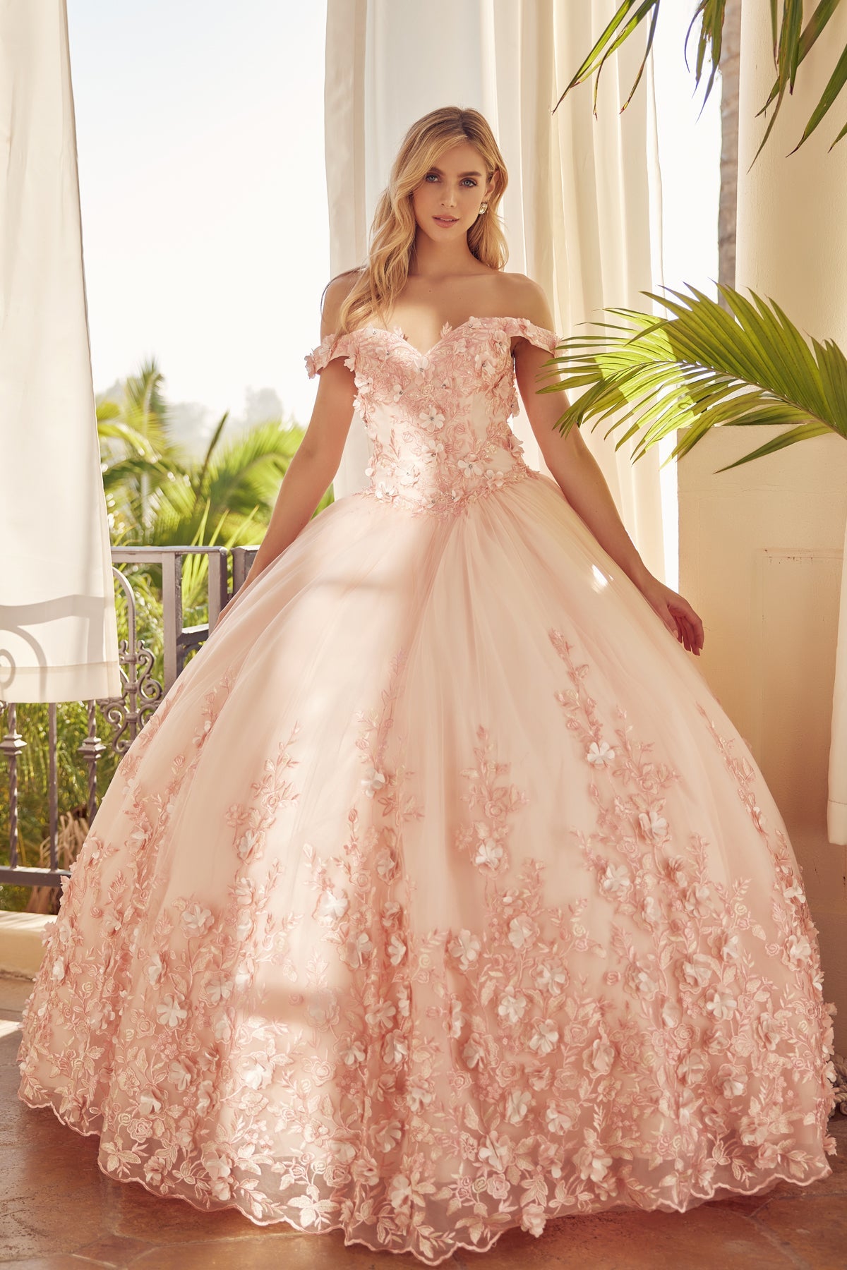 Floral Applique Off Shoulder Straps Long Quinceanera Dress JT1434-Quinceanera Dress-smcfashion.com