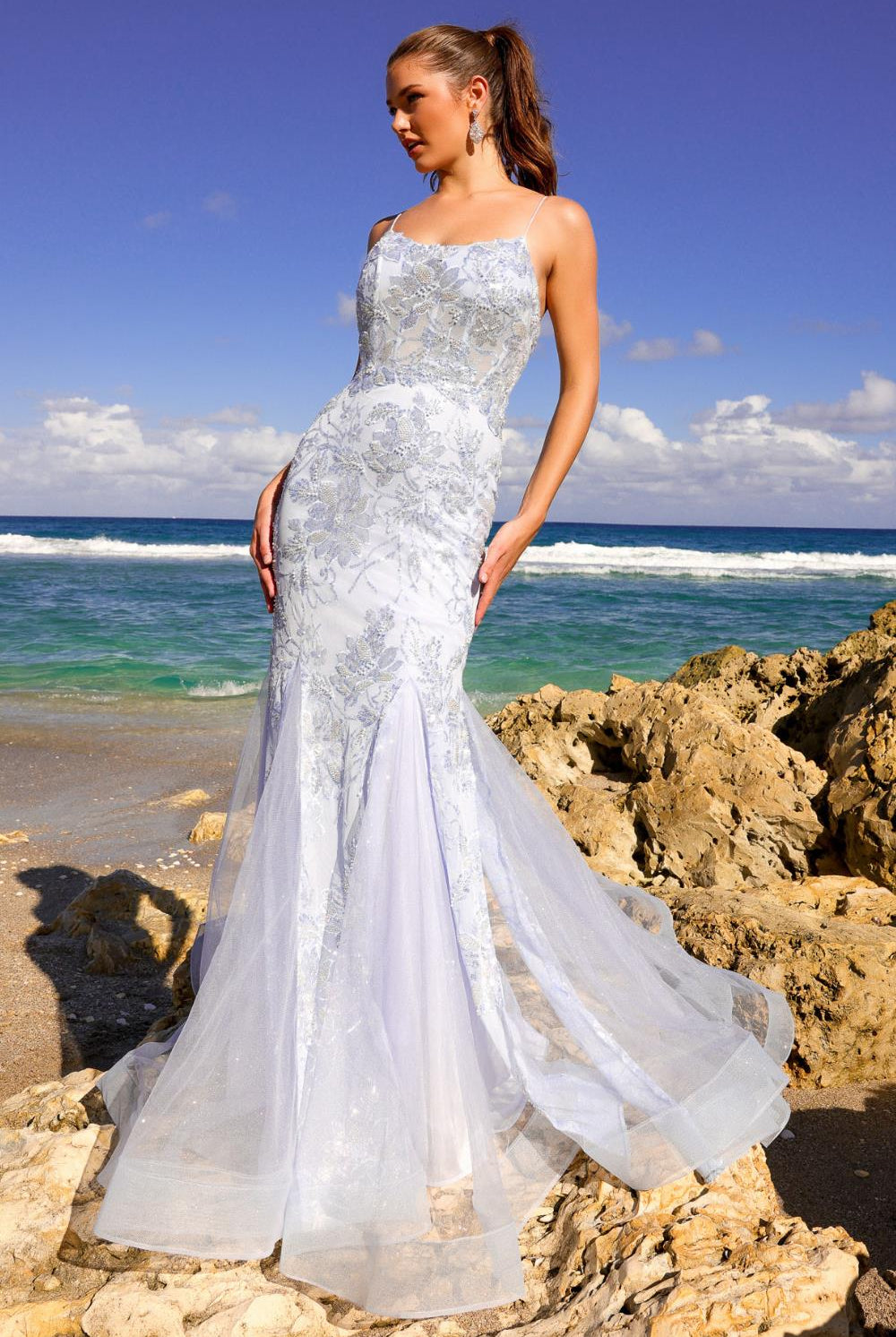 Spaghetti Straps Embroidered Lace Tulle Skirt Long Prom Dress AC7038-Prom Dress-smcfashion.com